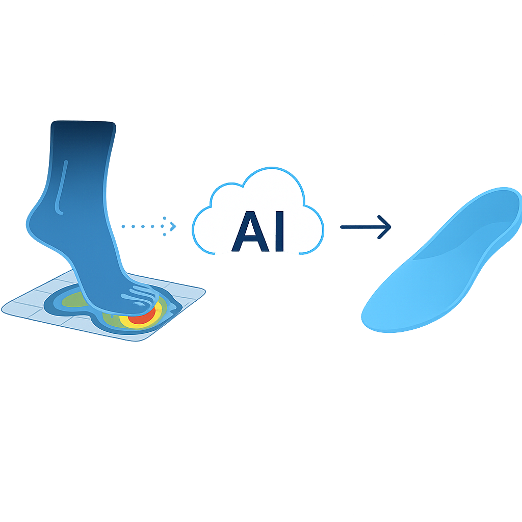 Custom orthotics designed by AI showing foot pressure analysis and 3D modeling